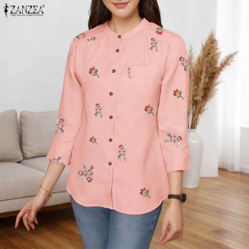 ZANZEA Γυναικεία Καθημερινή Μπλούζα με Στρογγυλή Λαιμόκοψη, Μανίκια 3/4, Φαρδιά Γραμμή και Φλοράλ Μοτίβο