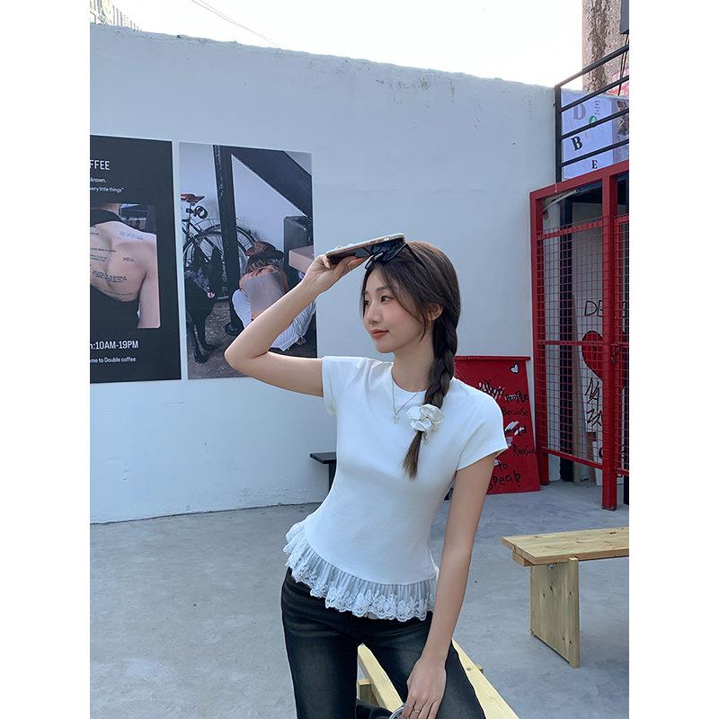 Ballet Lace Round Neck Short-sleeved T-shirt for Women, Xia Chun Wants To Fold Inside and Wear a Bottomed Shirt Top