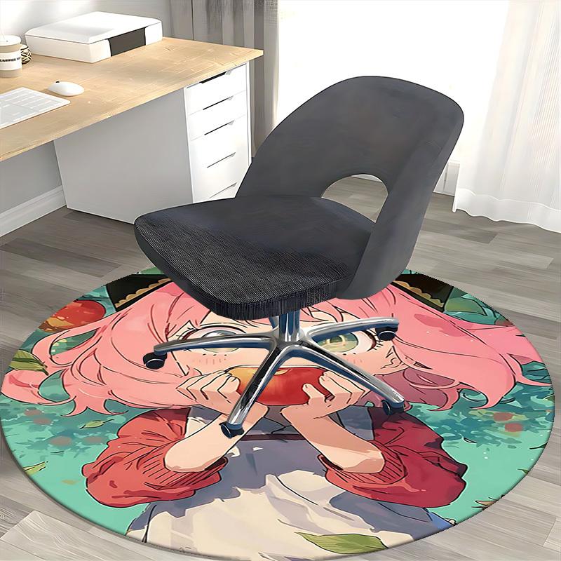 1pc Anime Design Round Carpet Cute Girl Eating Apple with Green Leaves Background, Office Chair Mat, Non Slip Rug, Living Room, Bedroom, Game Room