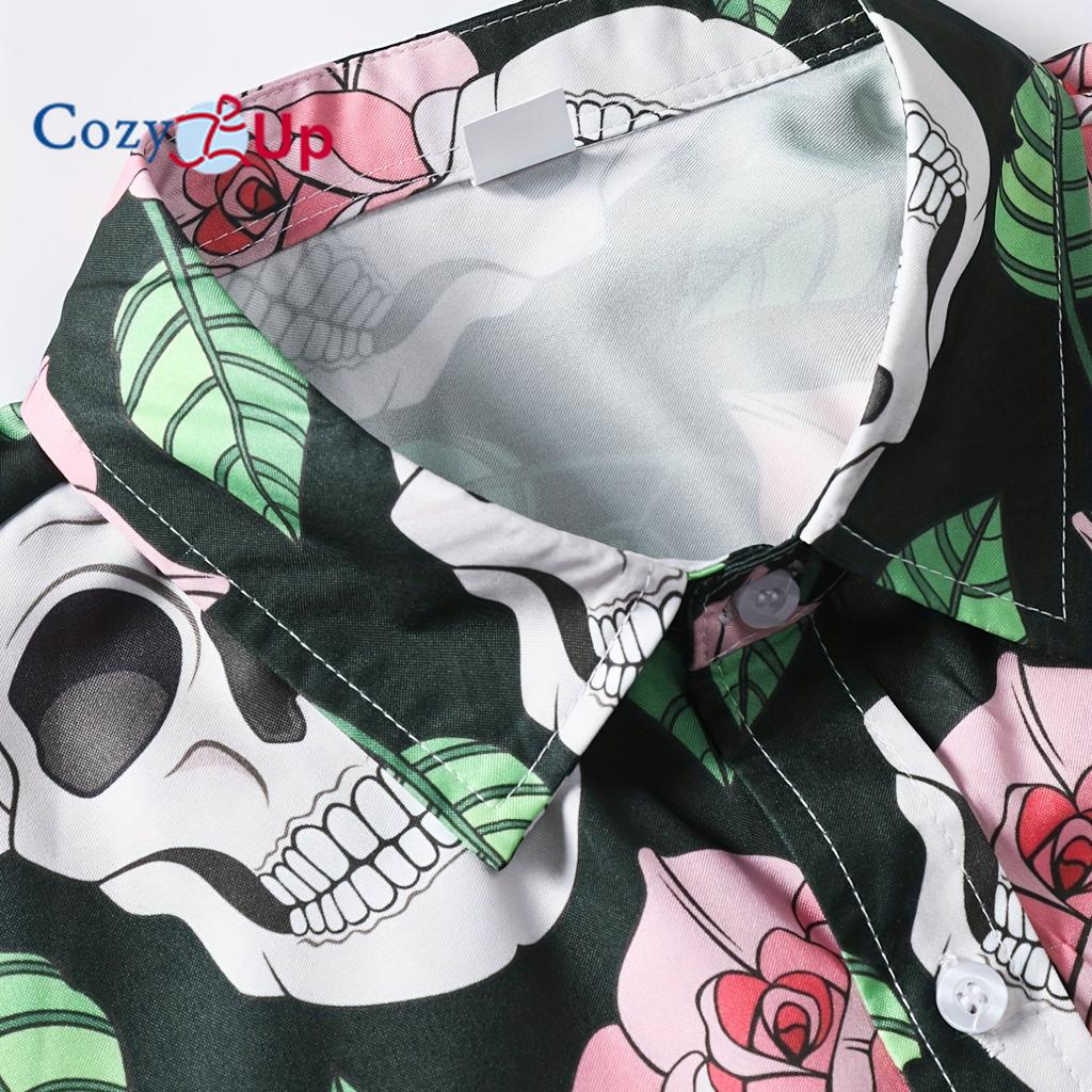 Skull & Flower Print Men's Casual Short Sleeve Shirt, Men's Shirt For Summer Vacation Resort, Tops For Men, Gift For Men