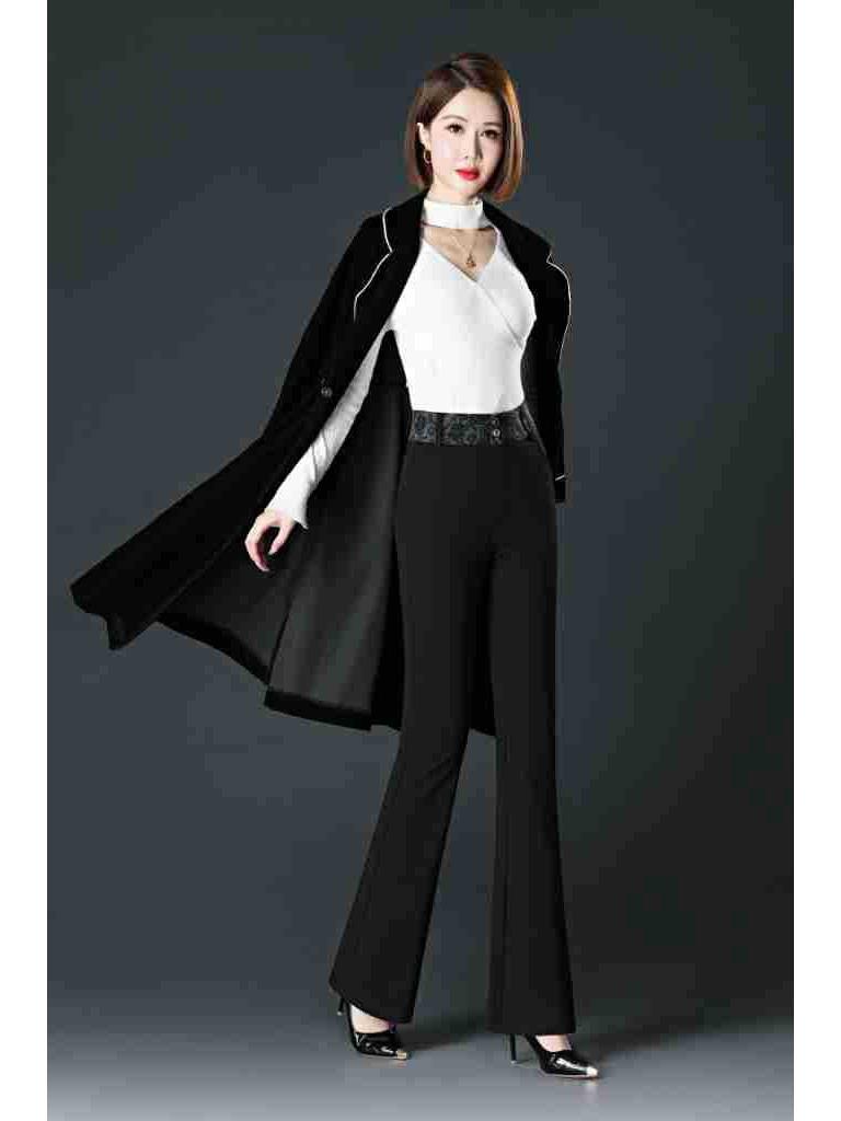 Spring/Autumn Women's High Waist Bell Bottom Knit Pants - Black, Plus Size, Slimming, Fashionable, Loose Fit