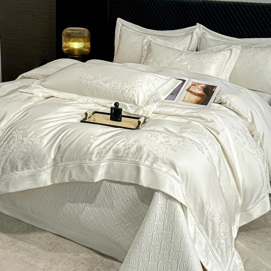 Sleep grid high-precision large flower position jacquard hollow lace bed cover four piece set
