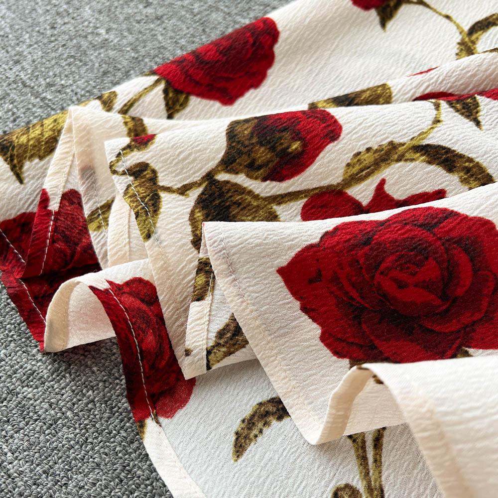 RUGOD Retro Print Dress 2022 Summer New Goddess Fan Temperament V-Neck Tie Waist Thin Mid-Length Dress