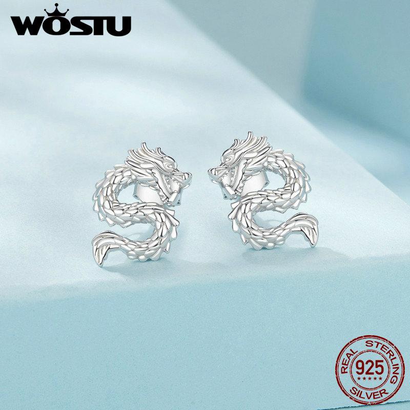 WOSTU 925 Sterling Silber Vintage Drache und Phönix Ohrstecker Paar Unsex Einzigartiger Schmuck Geschenk Für Mutter Tochter Frau