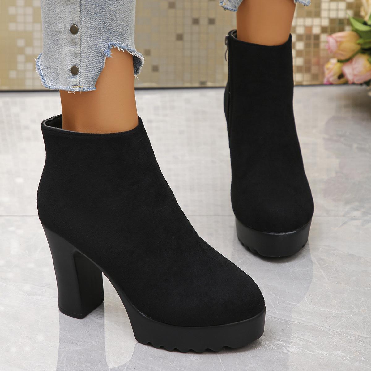 

High Heeled Booties Plus Size 2025 Winter New Round Toe Vintage Side Zipper Fashion Boots for Women 42 чорний