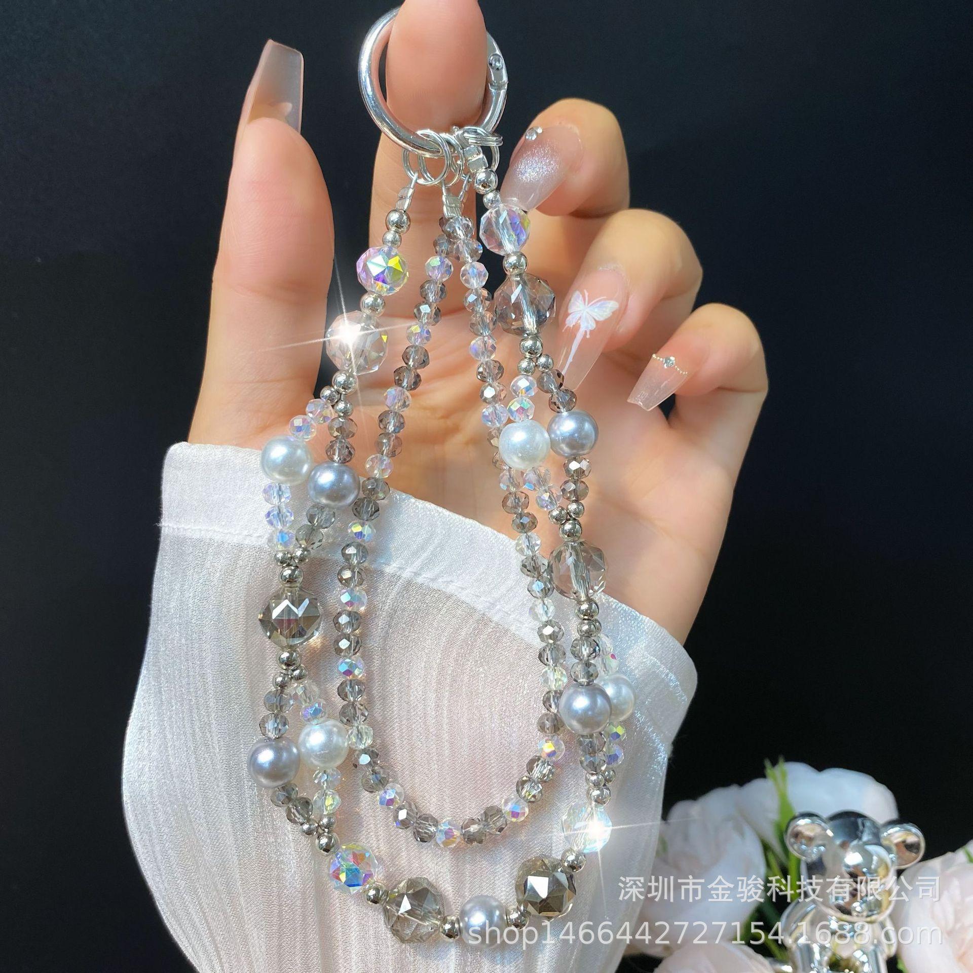 Phone Chain Rope Creative Double Chain Handmade Beaded Crystal Phone Chain New Hanging Decoration Phone Case Hanging Chain Ins Wholesale Gray【Double Chain】