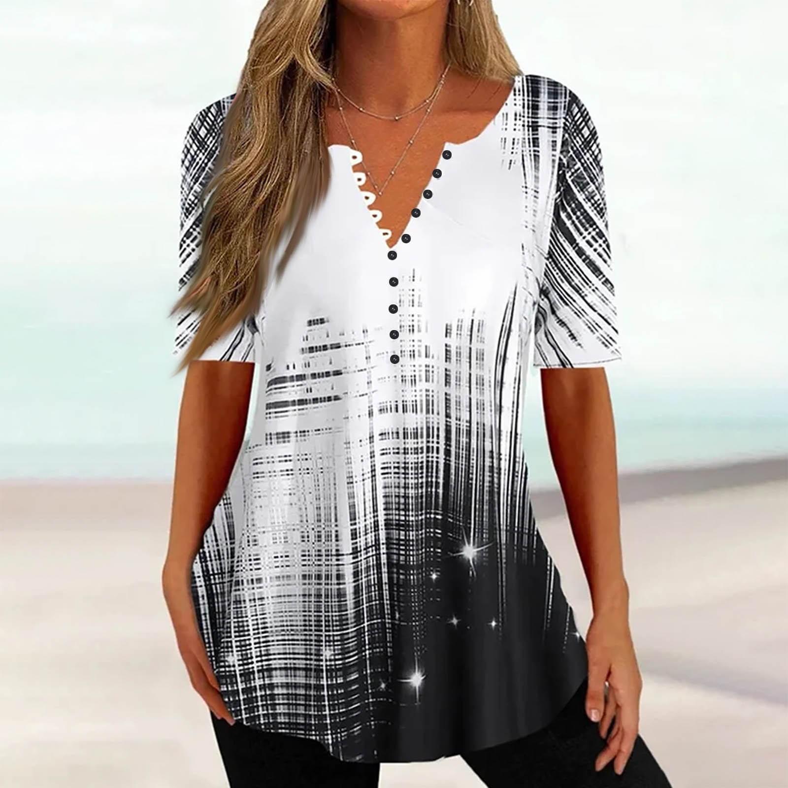 

Women s Shirt Blouse Button Vintage Gradient Print Short Sleeve Casual Basic Top Pullover XXL