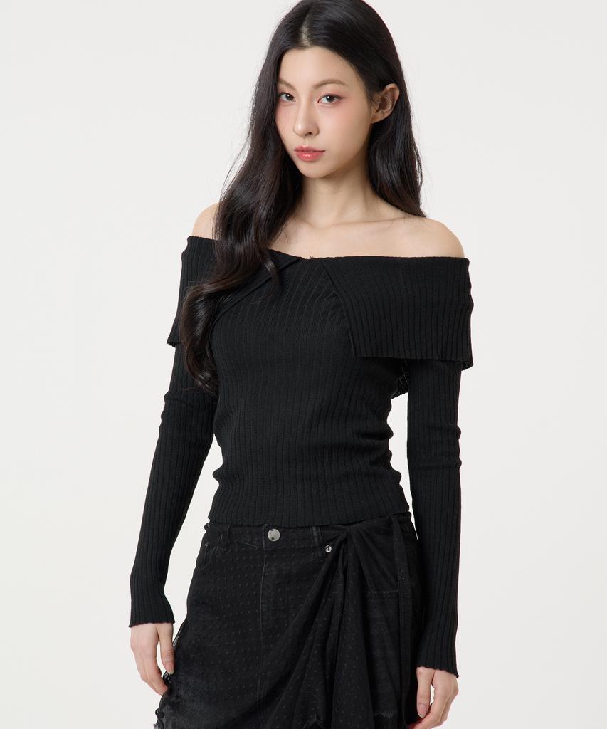 UNKNOWN PLANET Ruffle Boat Neck Long Sleeve Knit Top Black