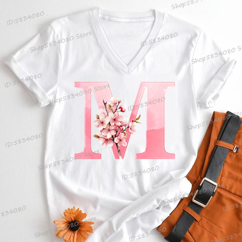 Pink Sakura Alphabet Graphic T Shirts Women AZ 26 Alphabet Pink Flower Cartoon Tshirts Cherry Blossom Letters Casual Tops Tees