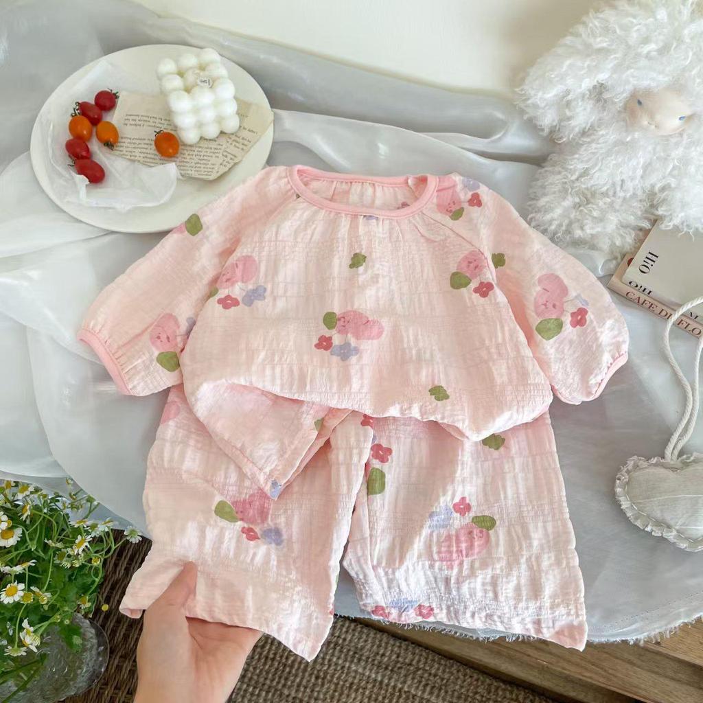 2025 Spring/Summer Girls' Pajama Set: Thin Round Neck, 5-Sleeve, 7/8 Pants, Color Block Design, Perfect for Homewear and Air-Conditioned Rooms