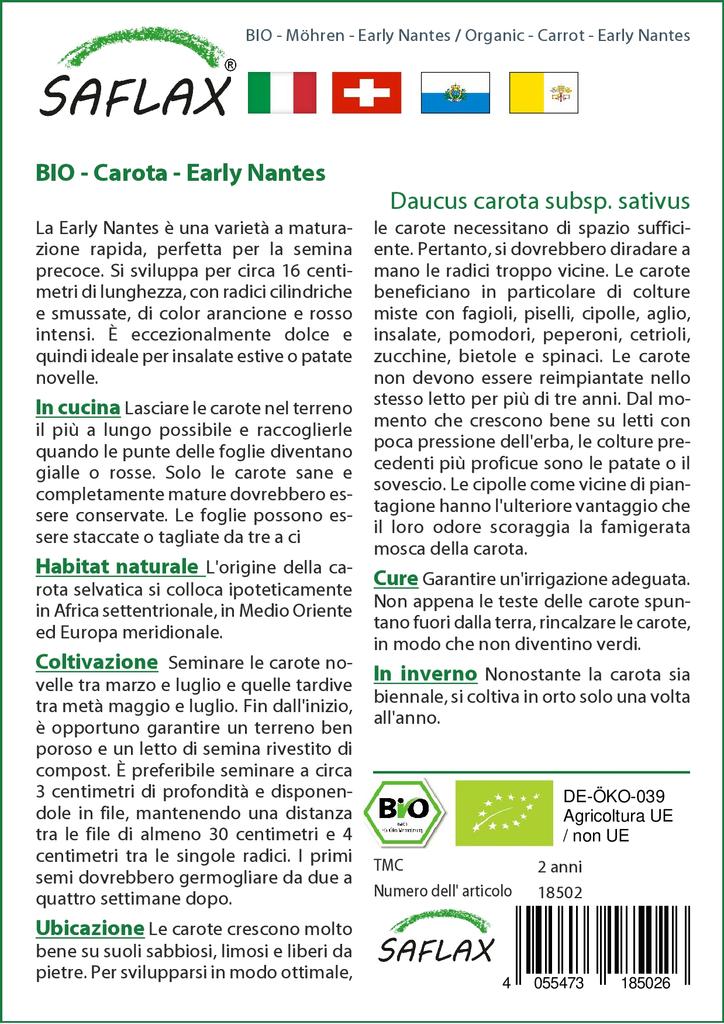 SAFLAX Garden In the Bag - Organic - Carrot - Early Nantes - 1500 Seeds - With Substrate In a Fitting Stand Up Bag - Daucus Carota