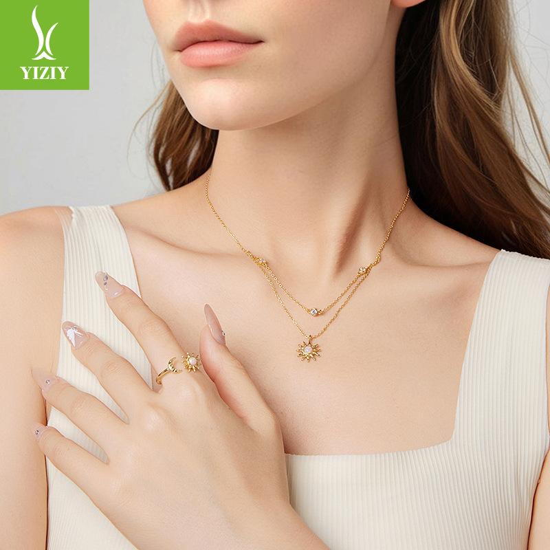 Opal Sun Moon Double Necklace Ring Set, Bohemian S925 Sterling Silver Collarbone Chain