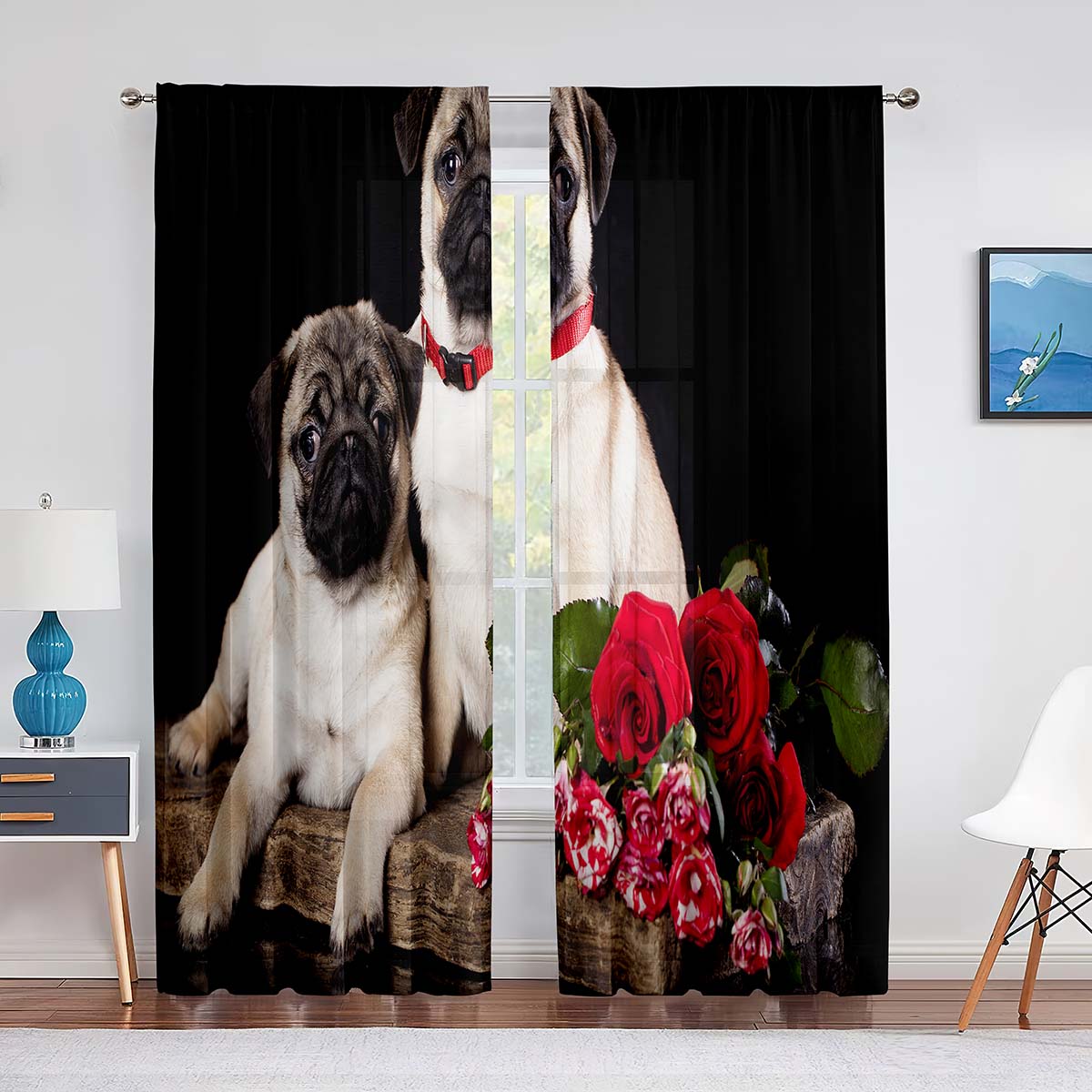 

Милая прозрачная вуаль с бульдогом, забавные желтые тюлевые шторы с изображением мопса, щенка для гостиной, спальни, кухни, украшения 1 PCS W100XH250cm&Grommet Top