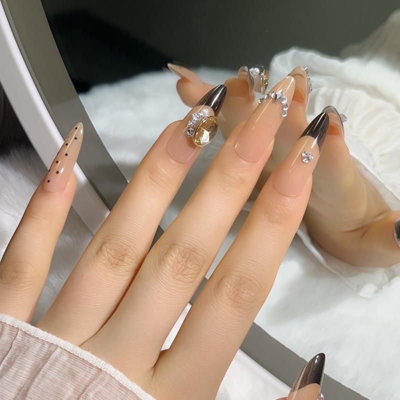 Pure Handmade Polka Dot Champagne Dove Egg Diamond Manicure Set - Wearable, Removable, Whitening False Nails