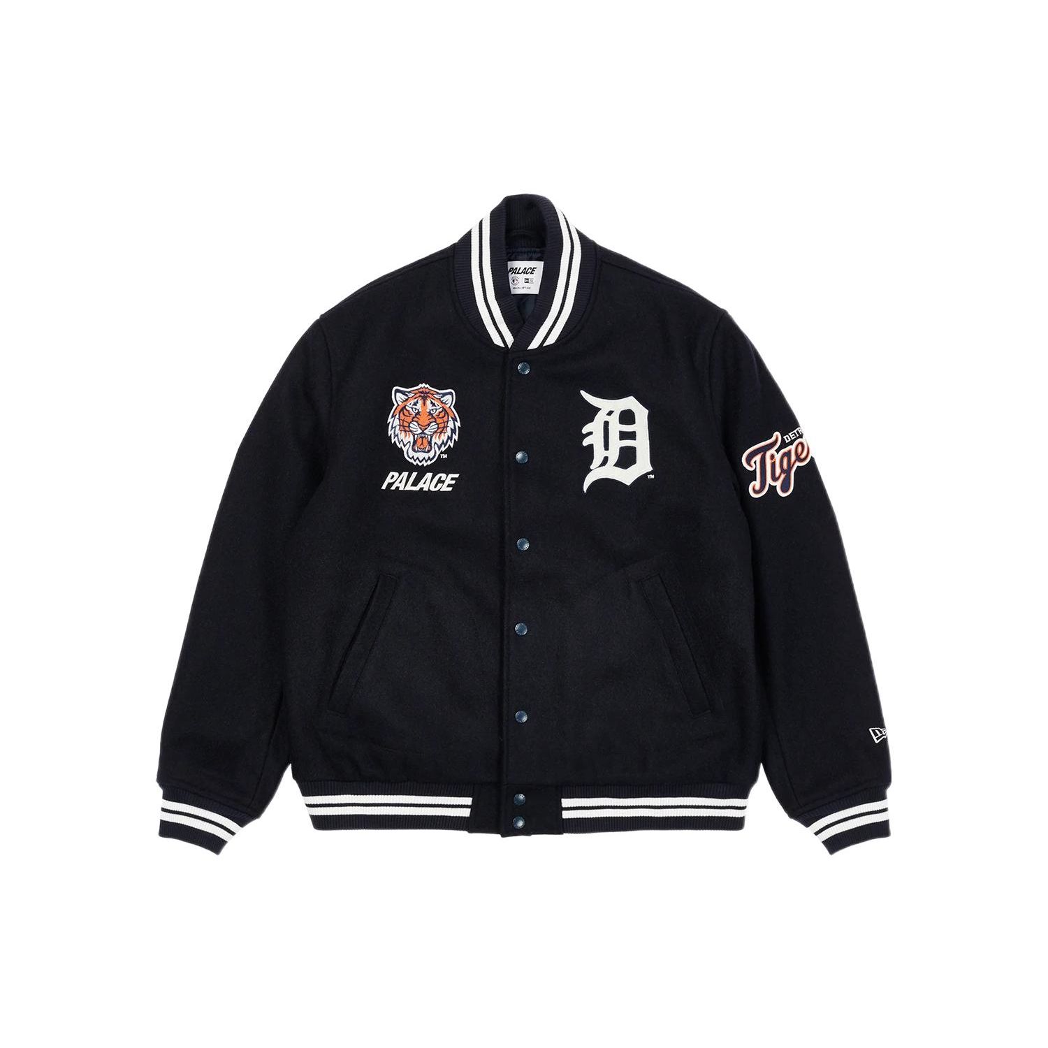 

Шерстяная стадионная куртка Palace X New Era Detroit Tigers с вышивкой в ​​виде головы тигра и однобортным бейсбольным воротником Мужская верхняя одежда Темно-синяя P21DNJK001 L