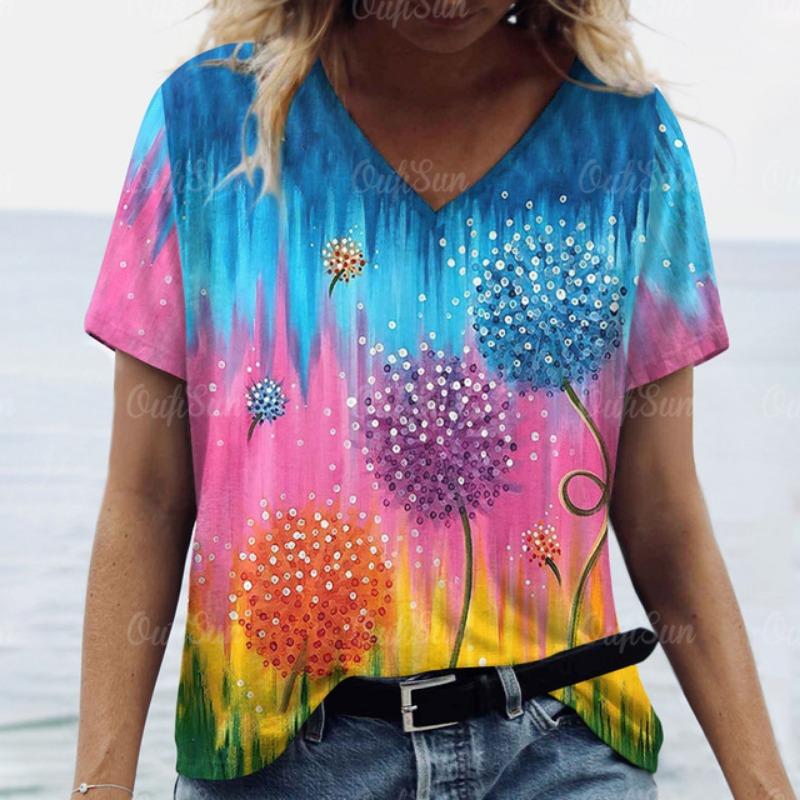Women Short Sleeves V-Neck T-Shirt Oversized Beautiful Clothing Loose T Shirt Clothing Woman Flowers Print Top Pullover Outdoor