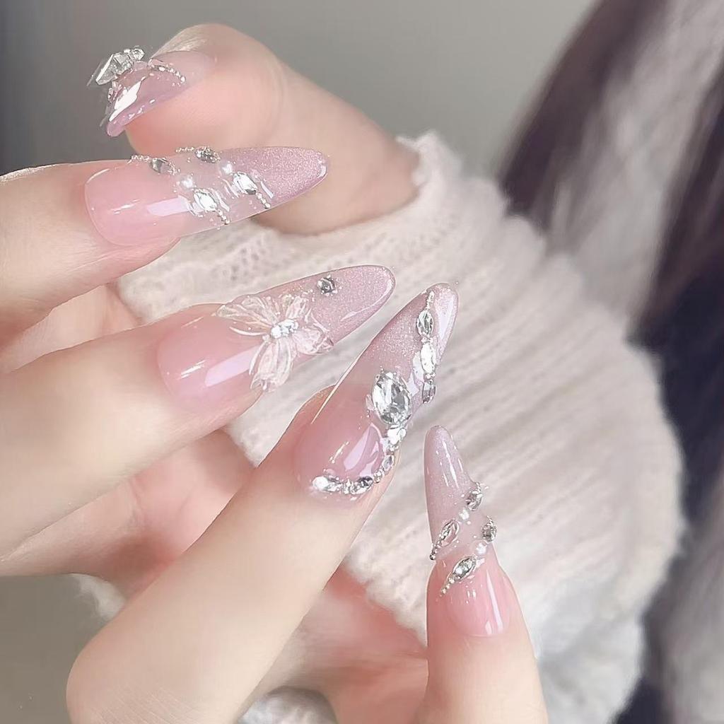 Ethereal 3D Butterfly & Snake Rhinestone Cat Eye Long Nude Nails