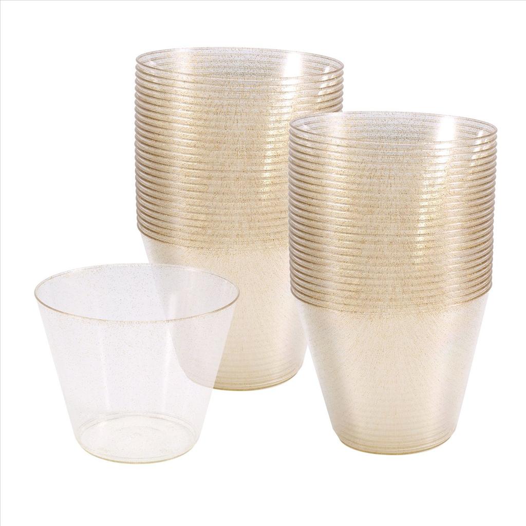 BHBL Gold Plastic Cups Clear Plastic Wine Glasses, Fancy Disposable Hard Plastic Cups with Gold Glitter for Party Cups 50Pcs