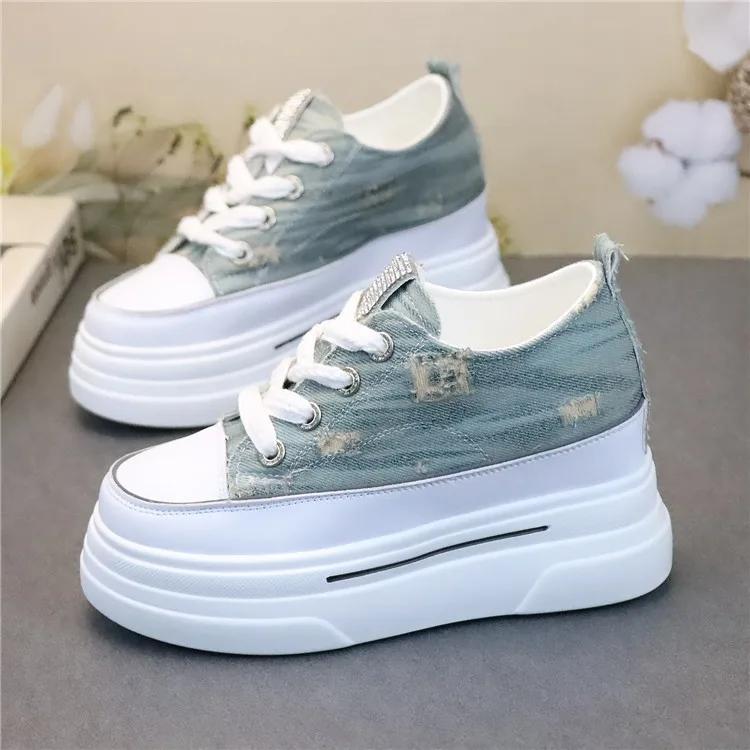 10cm Women's Canvas Sneakers Lace-up Platform Thick Bottom Sport Shoes Spring Autumn Casual Walking Shoes Women Sneakers