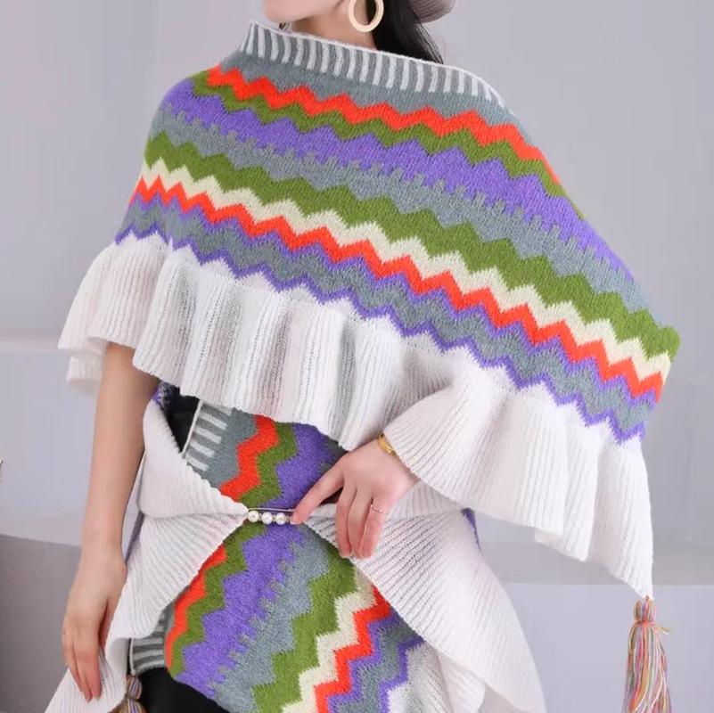 Ruffled Ethnic-Style Knitted Shawl for Travel - Warm & Thickened