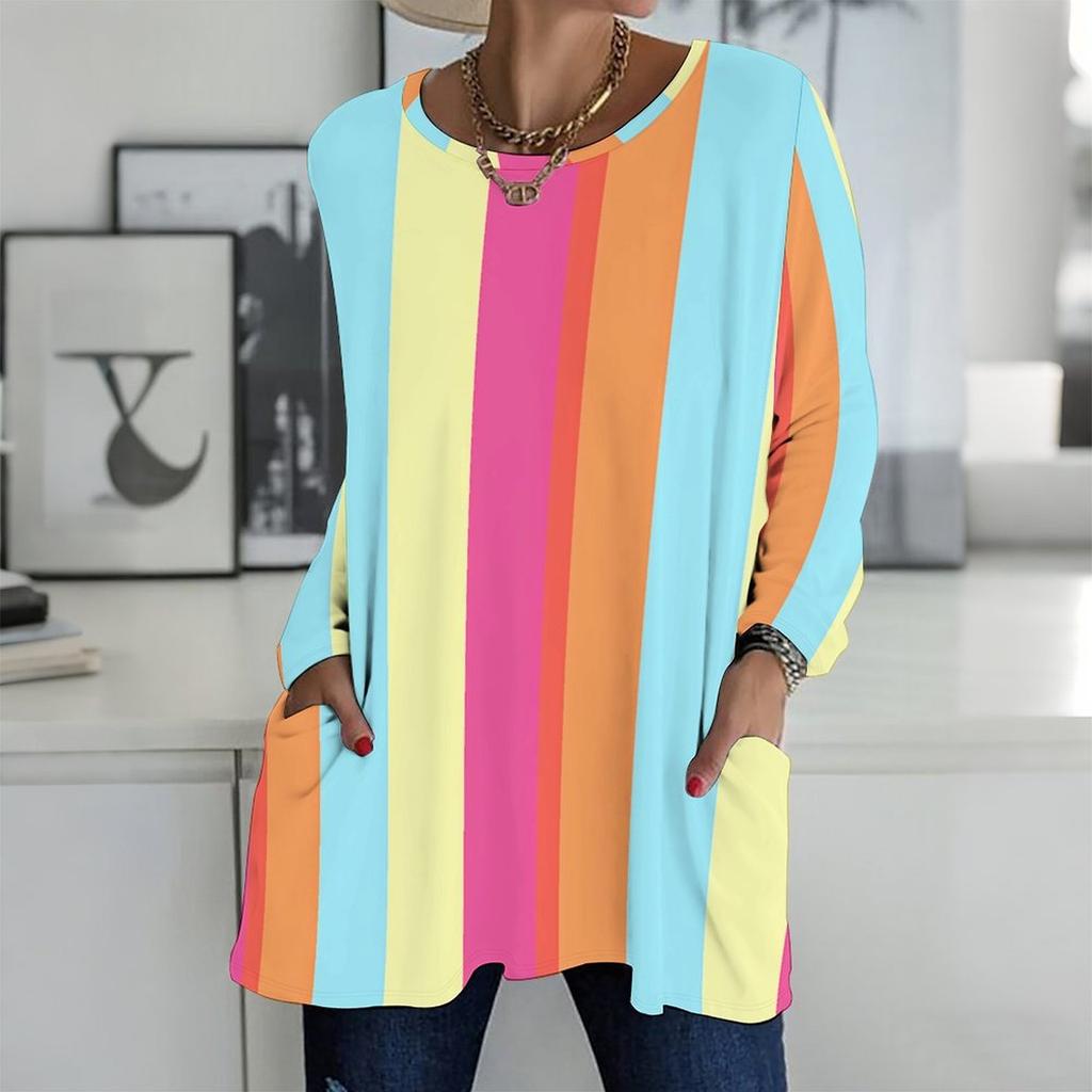 Ladies Plus Size Crew Neck Long Sleeve Tunic Soft Oversized Tops For Household And Casual Outdoor Wear