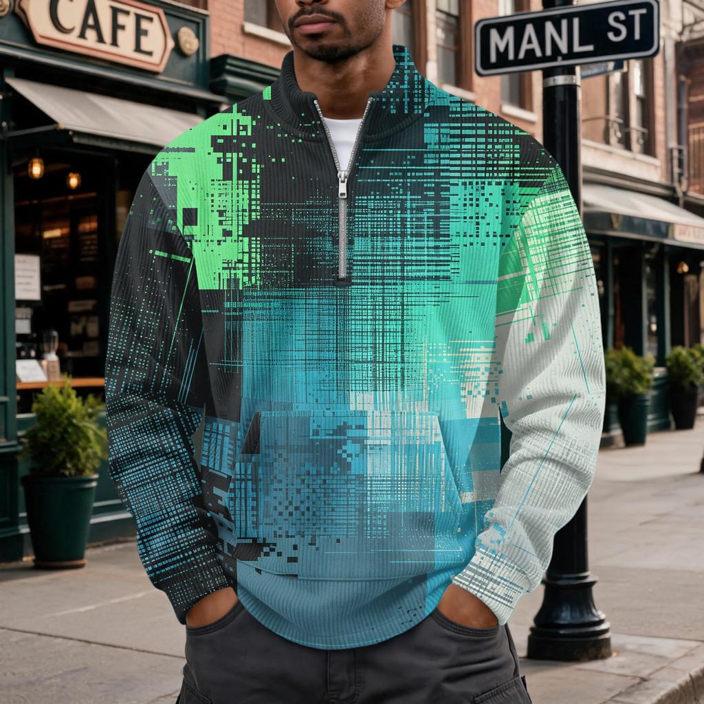 Men's Retro Corduroy Long Sleeve Shirt with Stand Collar and Pocket, Printed Casual Top
