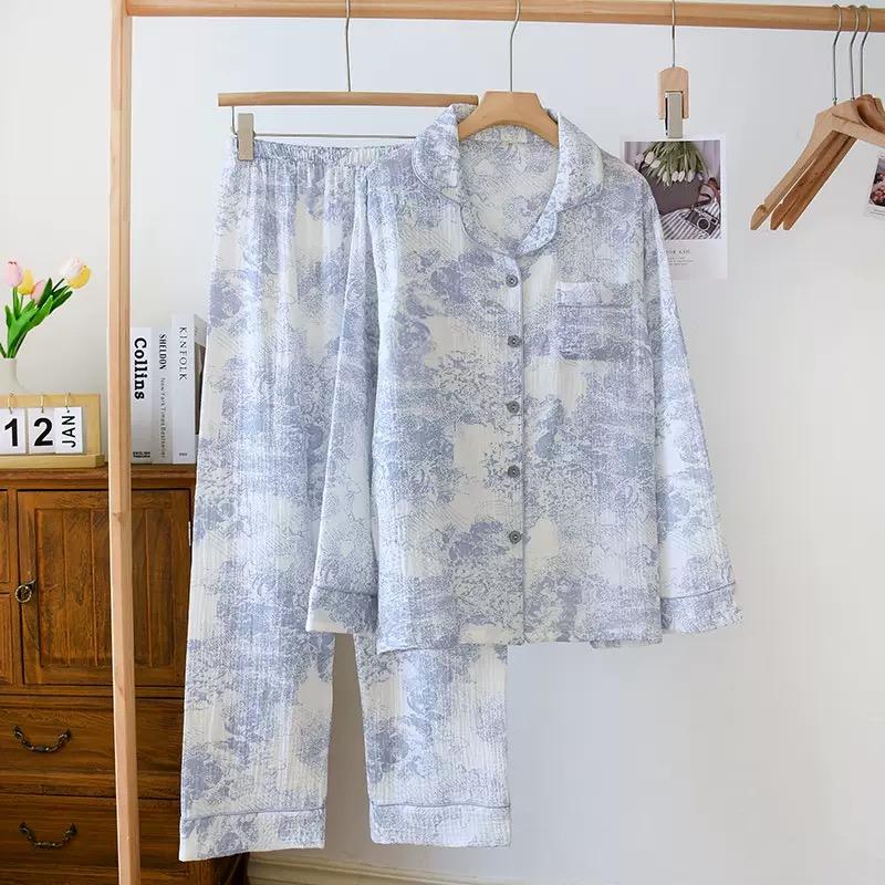 Cotton Women's Pajama Autumn/Winter Women's Pajama Set Flower Sea Print Long Sleeved Pants 2 Piece Homewear