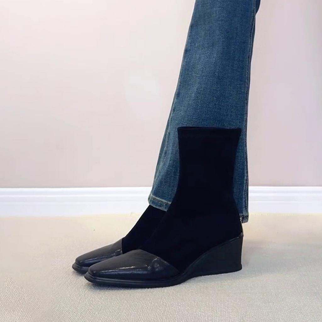 Sheepskin Version~ Thick-soled Wedge Elastic Thin Boots Retro Square Head Short Boots Women's Rear Zipper Socks Boots Slim Martin Boots