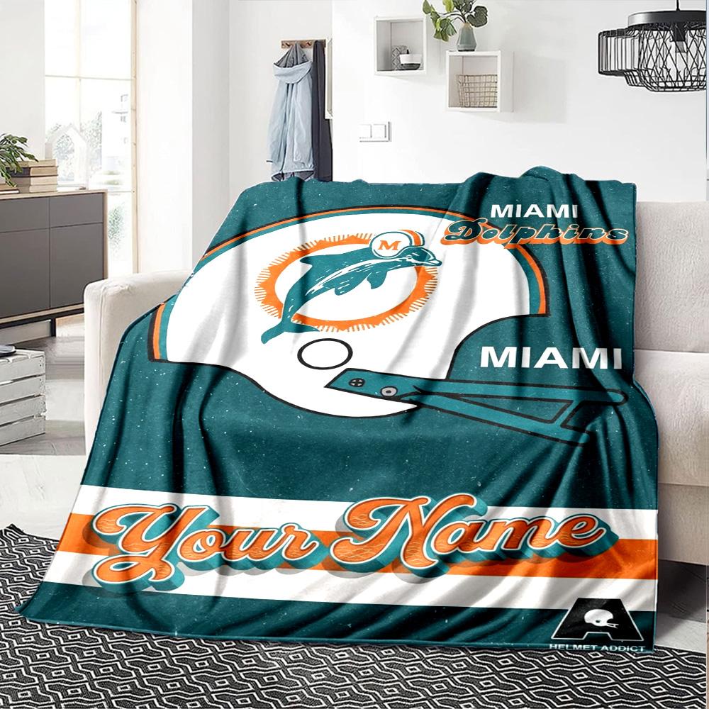 Name Custom Miami Dolphins Logo Print Flannel Blanket High Quality Warm Comfortable Cover for All Seasons Perfect for Gifts Home Decor