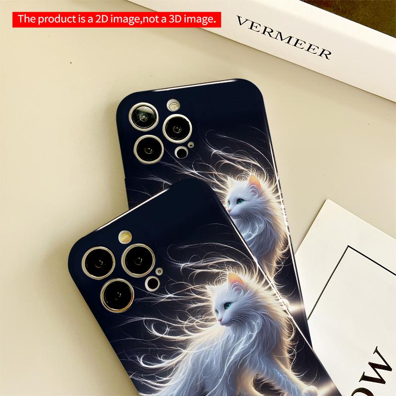 2DFlat Luminous White Cat In Cosmic Wind All Inclusive Film Hard iPhone Case, Compatible with iPhone 18 Pro Max 17 16 15 14 13 12 11