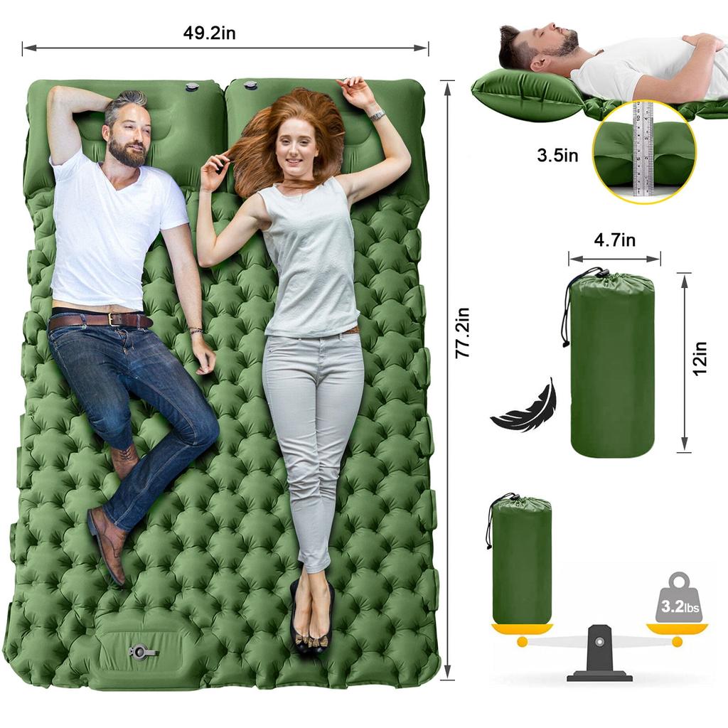 Double Sleeping Pad for 2 Person, Thick Inflatable Camping Mat with Built-in Foot Pump & Pillow, Compact Air Mattress for Hiking, Backpacking, Tent