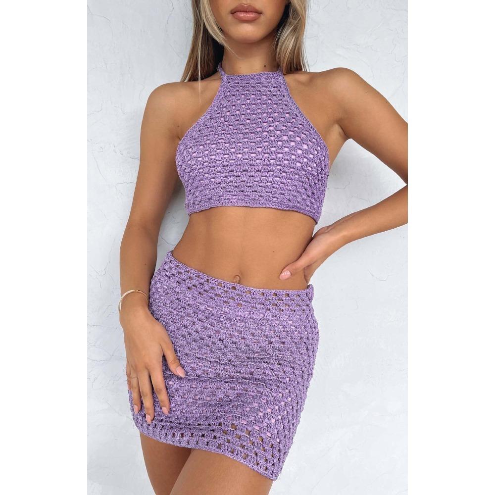 Women's Slim Two Piece Skirt Set Sleeveless Halter Crop Top High Waist Mini Skirt Sweet Summer Knit Matching Outfit