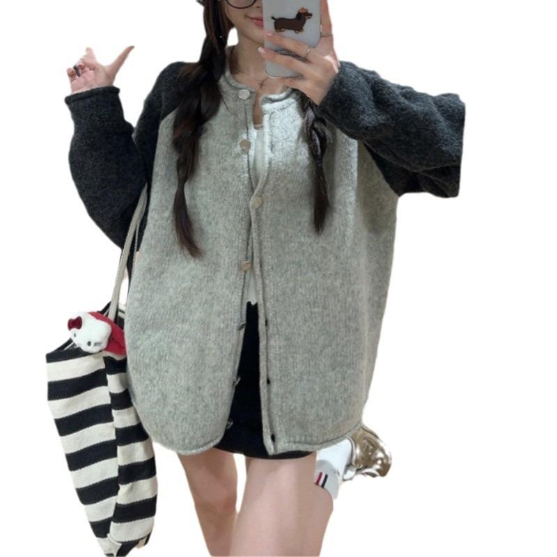 Lazy Wind Gray Long-sleeved Cardigan Sweater Women's Autumn New Splicing Contrasting Color Knitted Sweater Top Coat