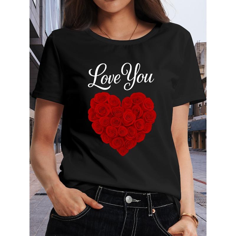 European Size Women'S Love You Rose Heart Print T-Shirt - Soft Breathable Fabric,Casual Round Neck Short Sleeve Top, Spring Summer Fall Casual Attire