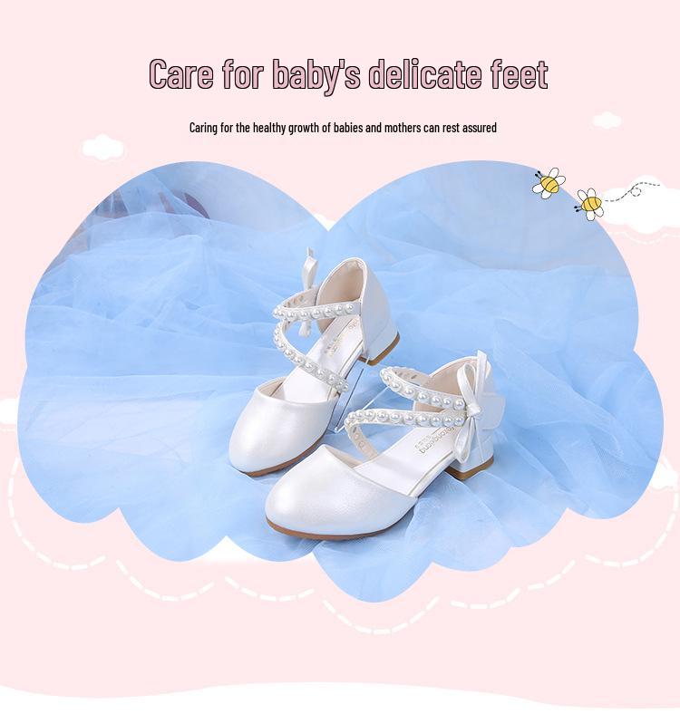 Süße Schleife Perlen Weiche Sohle Prinzessin Hoher Absatz Lederschuhe für Kinder