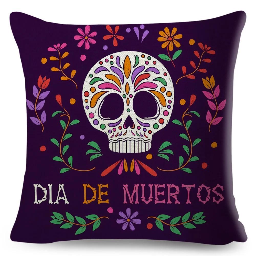 Day Of The Dead Pillowcase Decor Cartoon Mexico Flower Skull Print Cushion Cover for Sofa Home Polyester Pillow Case 45x45cm