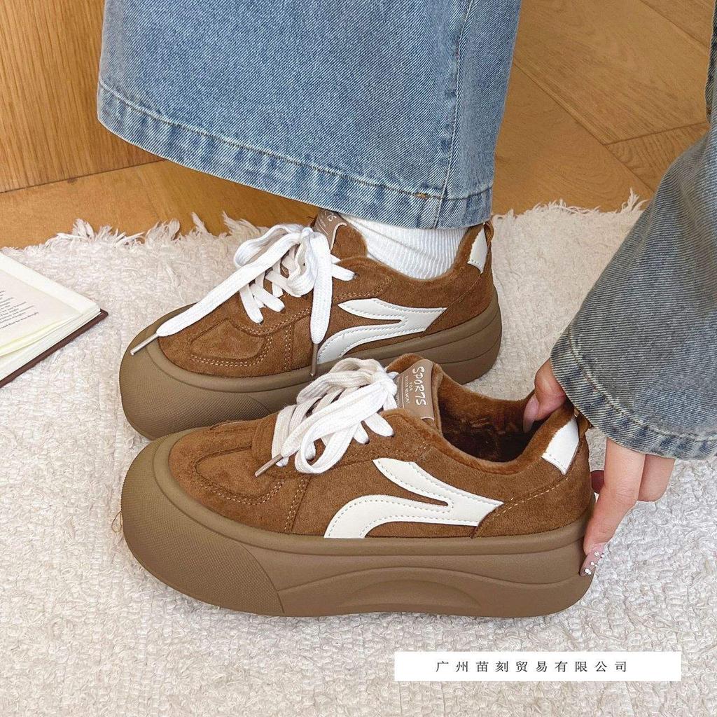 Chaussures de sport décontractées et légères pour femmes, style rétro, niche, velours chaud, deux cotons, semelle épaisse muffin