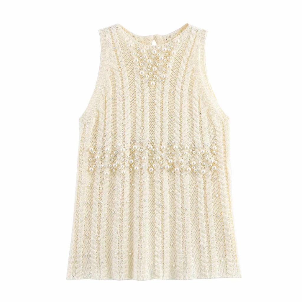 Spring 2025 Women's European & American Style Faux Pearl Round Neck Loose Knit Top