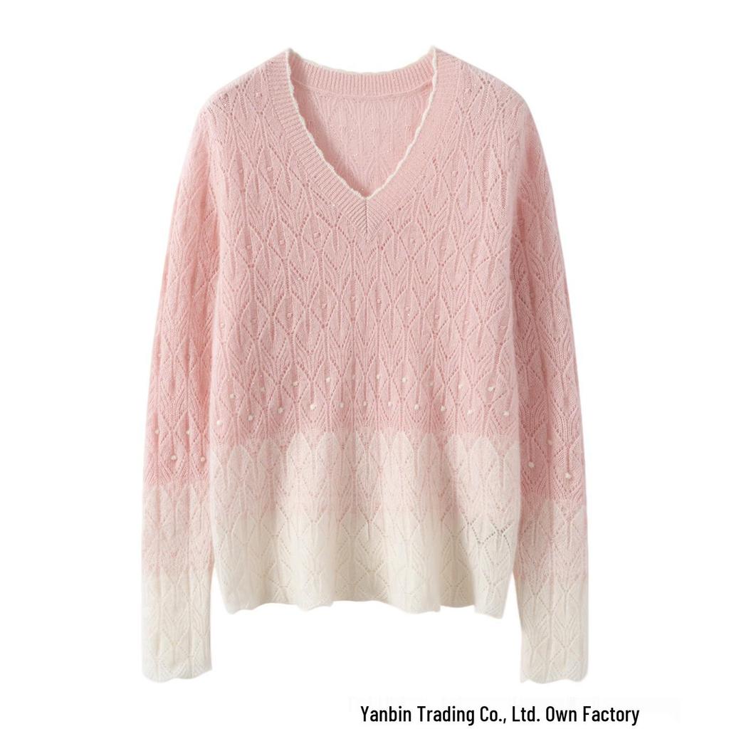 Women's V-Neck Cashmere Lurex Lace Knitwear - Autumn Winter Color Block Design