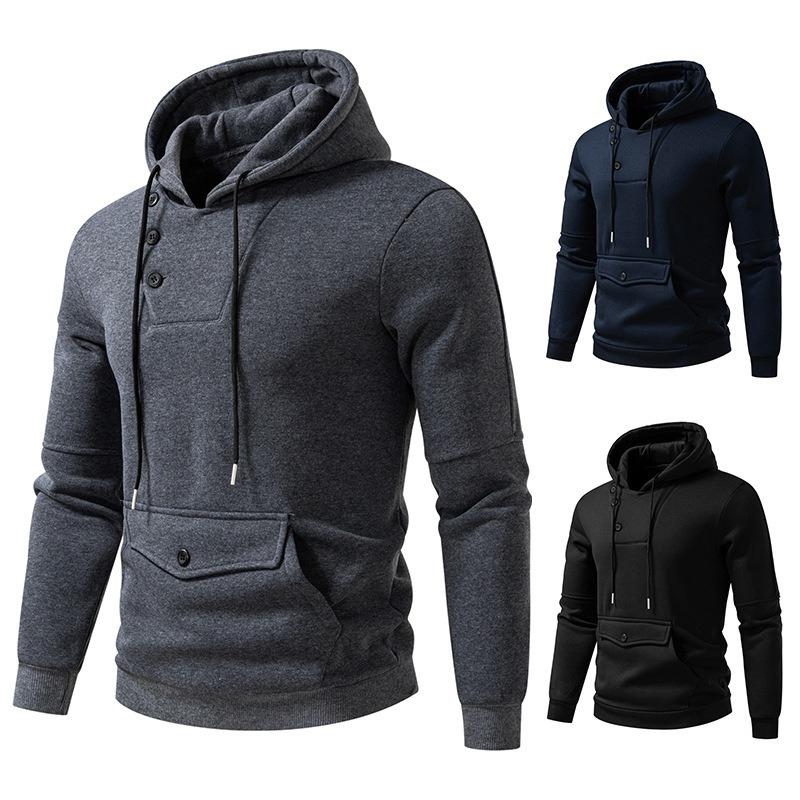 Men S Button Design Hooded Pullover Sweatshirt Solid Color Slim Fit Big Pocket