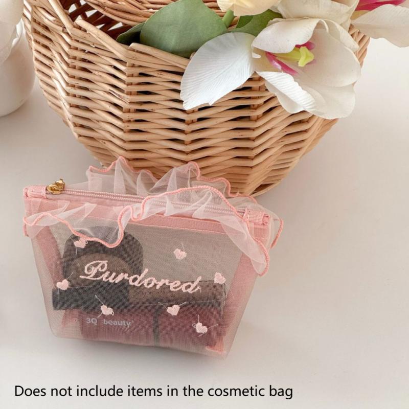 

1Pc Purified Red Mesh Makeup Bag With Ruffle Detail Love Embroidery Cute Portable Cosmetic Organizer For Girls Toiletry Pouch
