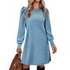 Womens Puff Long Sleeve Dress Casual Knit Crewneck Knee Length Dresses With Pockets