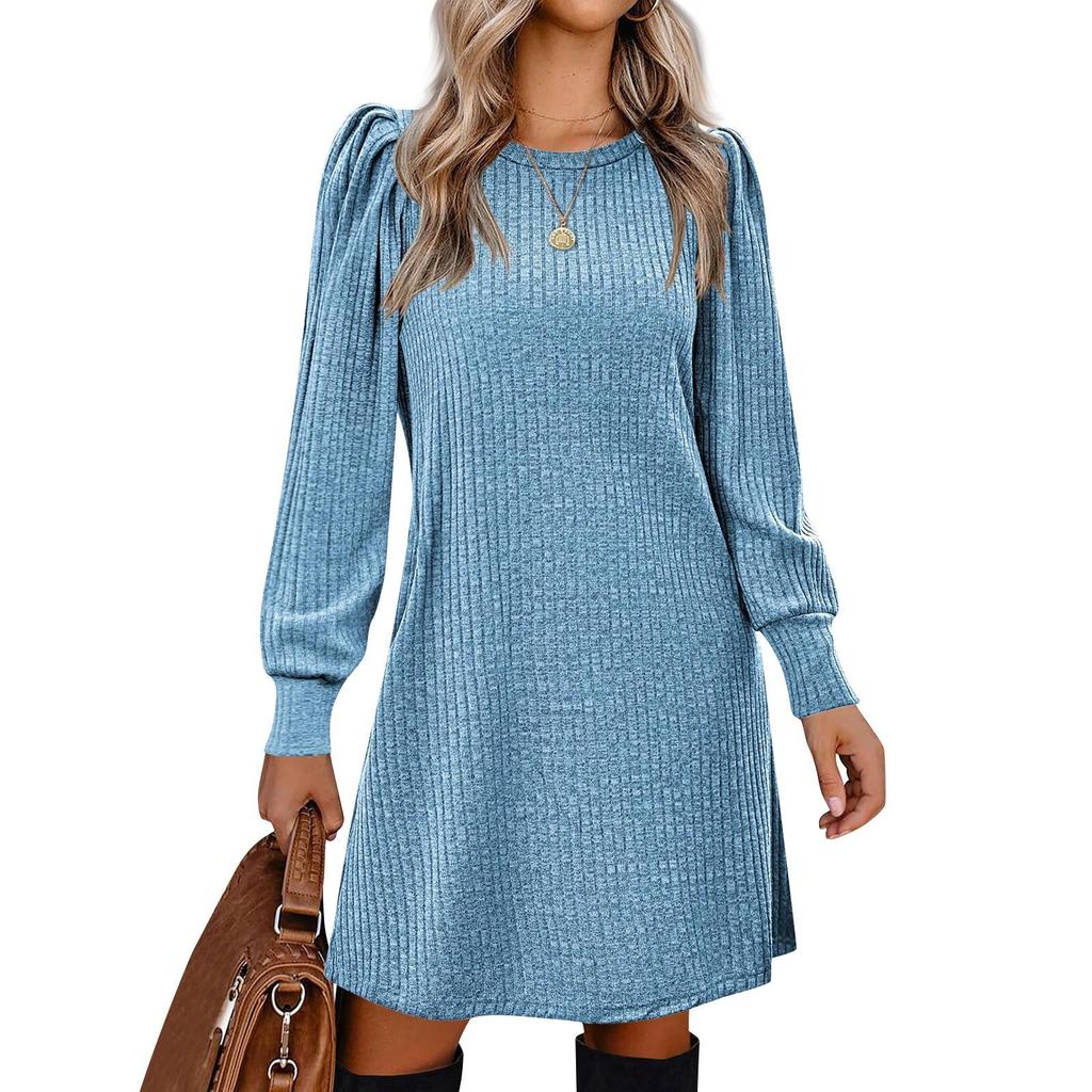 Womens Puff Long Sleeve Dress Casual Knit Crewneck Knee Length Dresses With Pockets