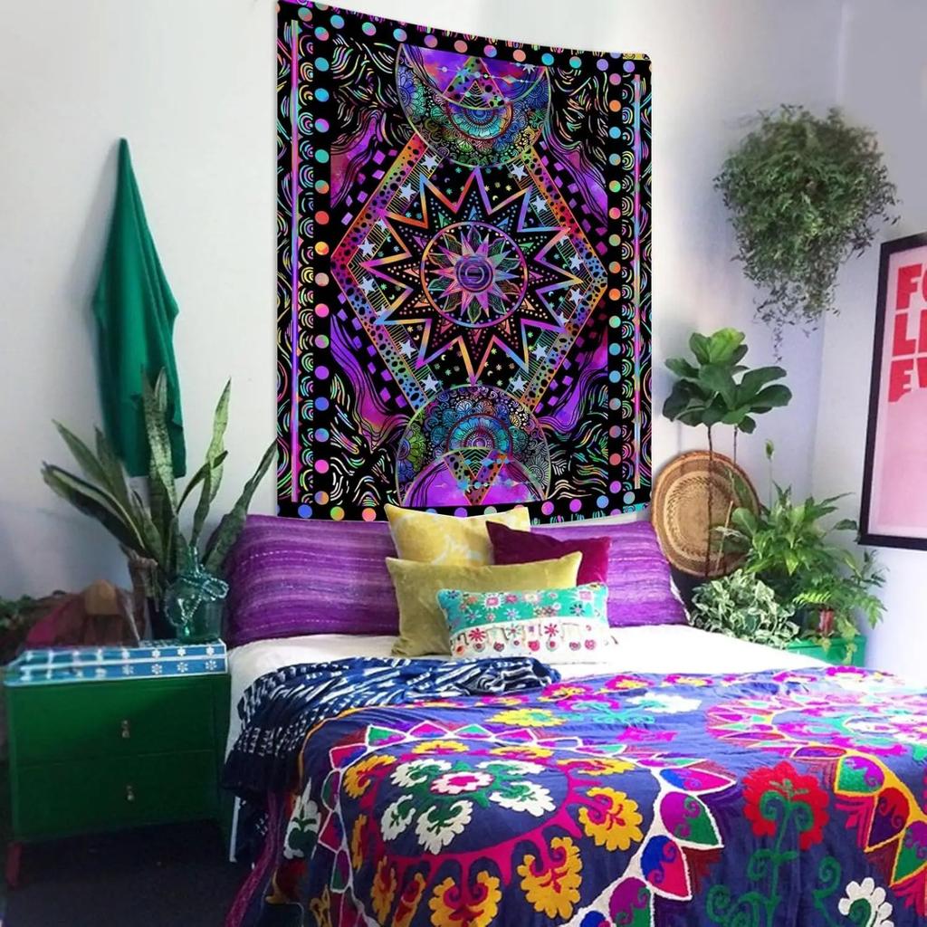 Bohemian Black Mandala Tapestry Psychedelic Wall Hanging for Bedroom Living Room Dorm Indian Decor Boho Aesthetic Wall Art