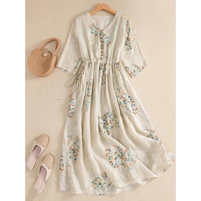 Dress Women Long Print Elegant Clothing Vintage Elastic Waist Korean Casual Beach Style V-Neck Fashion Robe Vestidos De Mujer