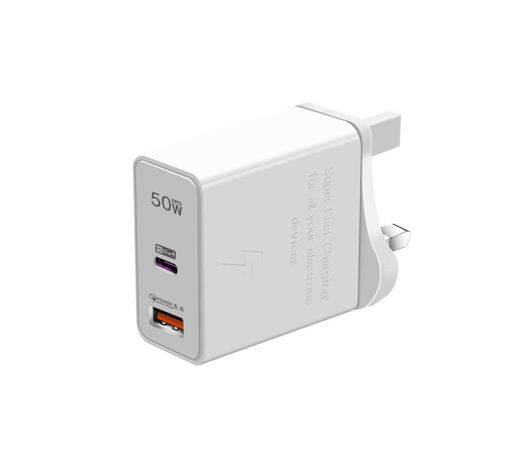 50W Dual-Port Charger, Compatible with Samsung, Huawei, and Apple Phones, PD Fast Charging Adapter for EU/US/UK Standards.