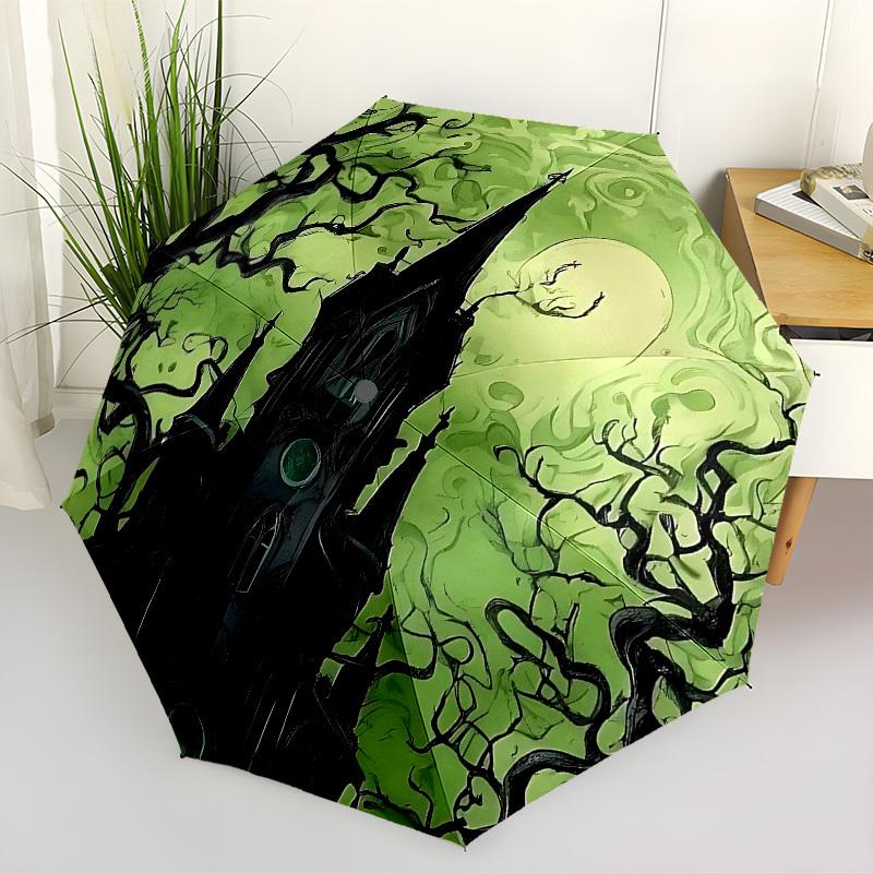 

1pc Green Haunted Castle Automatic Folding Umbrella - Compact 8-Rib Design, Durable Plastic & Iron, Lightweight for Outdoor Daily Use, a0929230