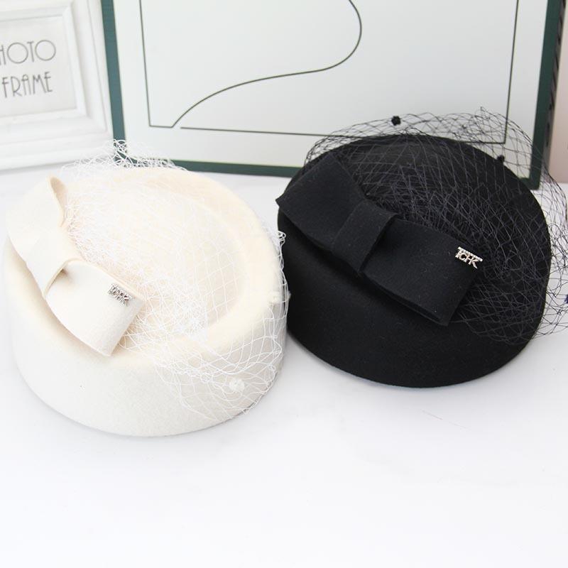 Vintage mesh beret women's wool woolen bow top hat French socialite elegant banquet photo hat tide