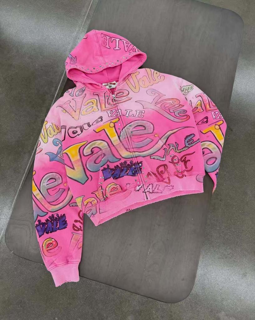 Evropská a americká 2025 American Graffiti Potisk Unisex Volná Ležérní Mikina na Zip Trendy Značka