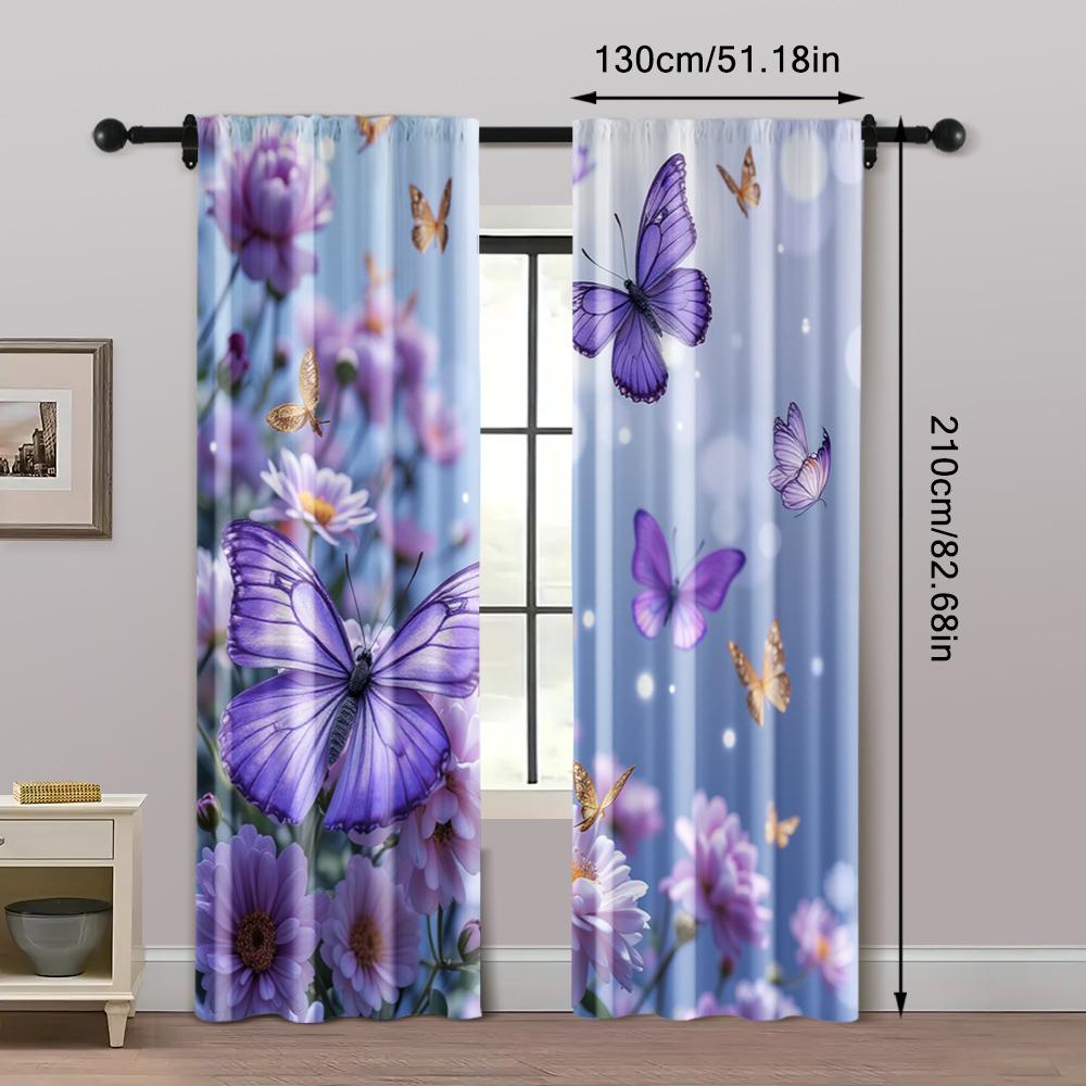 2pc,  Window Curtains butterfly pattern Versatile Polyester,Without Electricity Versatile Use for College dormitory decoration